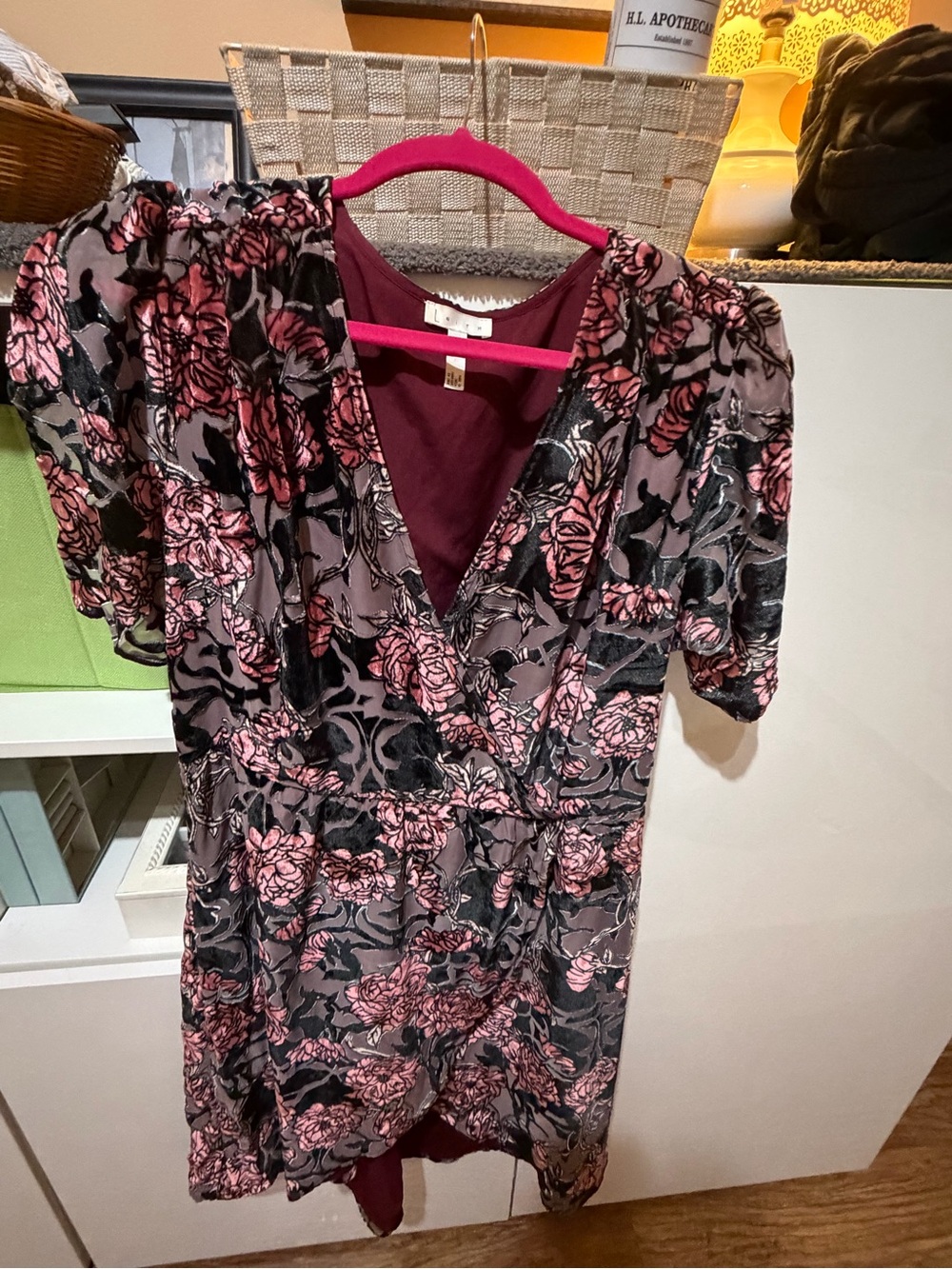 Leith Pink and Black Floral V-Neck Mini Dress
